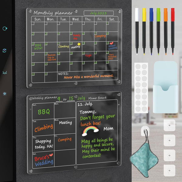 Magnetic Acrylic Calendar for Fridge, 2 Pack 12"x16" Clear Dry Erase Magnetic Planning Boards with Markers