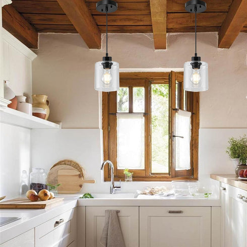 1 E26 2 Packs Light Hanging Pendant Light Fixtures, Adjustable Black Pendant Lights Kitchen Island, Modern Farmhouse