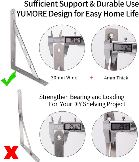 12", 4mm 2pcs, 400lbs YUMORE Shelf Bracket Stainless Steel Heavy Duty L Shaped Brackets Wall Mounted Floating Table