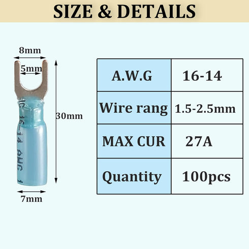 100pcs 16-14 AWG Marine Grade Heat Shrink Fork Connectors, Tinned Copper Heat Shrink Fork Terminals