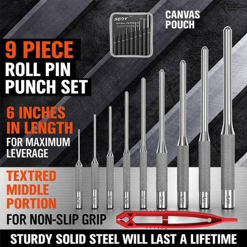 9-Piece Set Roll Pin Punch - Fast Pin Removal - Durable Steel & Construction - For Automotive, Firearm Maintenance