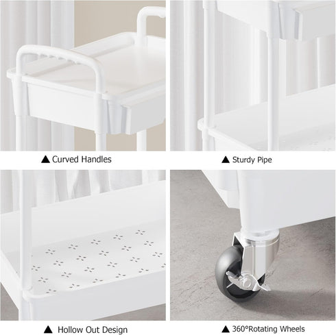 4 Tier Rolling Utility Cart with Drawer, Plastic Storage Organizer Rolling Carts with Wheels Handles Hanging Cups Hooks