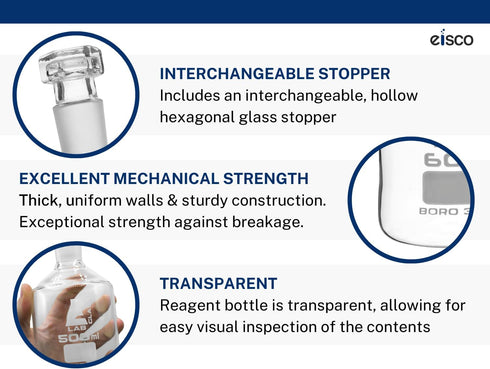 EISCO Borosilicate Glass Reagent Bottle, Narrow Mouth with Interchangeable Hexagonal Stopper - 500ml Labs