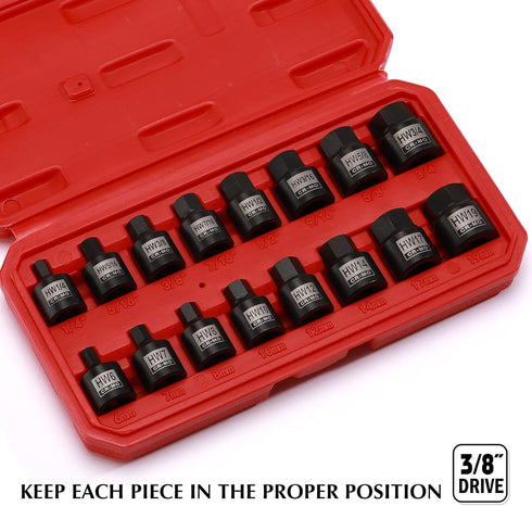 16PCS 3/8" Set, 16 Set, 1/4 Inch 3/4 Inch, 6mm 19mm EMENTOL Drive Low Profile Impact Hex Driver SAE/Metric, CR-MO