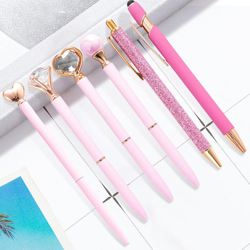 Pink Pens for Women, 6 Pcs Cute Ballpoint Pens Bulk, 1.0mm Medium Point Black Ink, Office School Supplies Gifts for