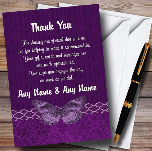 The Card Zoo Rustic Vintage Wood Butterfly Purple Personalized Wedding Thank You Cards