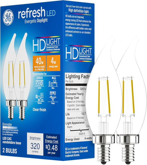 GE Refresh LED Light Bulbs, 40W, Daylight Candle Lights, Clear Decorative Bulbs,