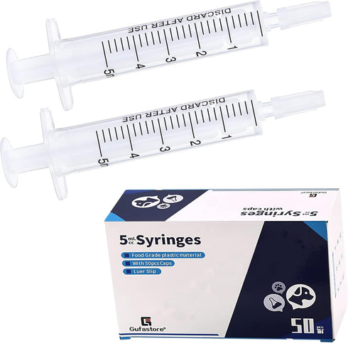 50pcs 5ml/cc Plastic Syringes with Caps, Without Rubber Stopper for Industry Lab Pet Feeding