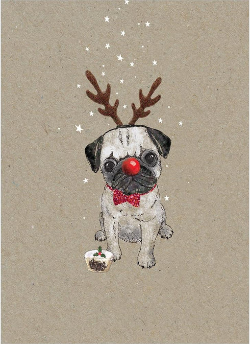 Tree-Free Greetings Holiday Greeting Cards, Pug Happy Christmas, Vintage Brown Recycled Paper, 10-Pack