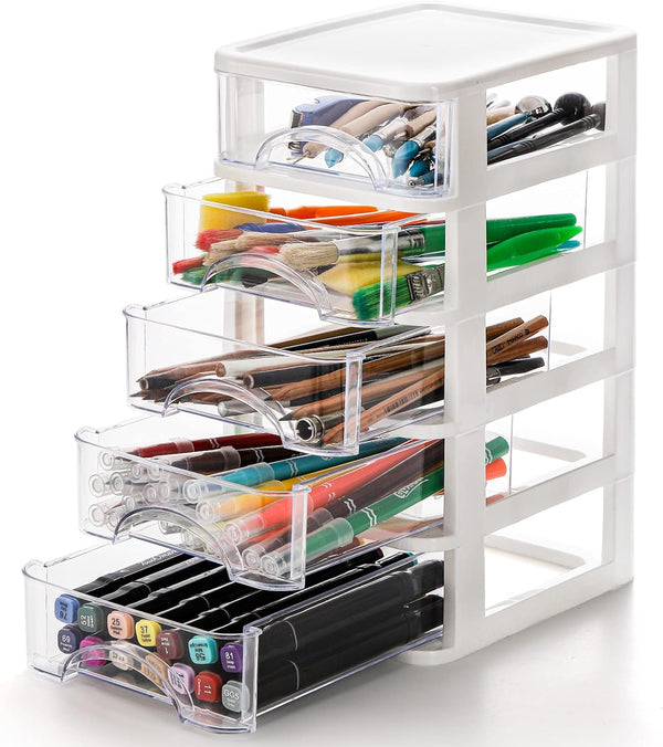 Hedume Clear Desktop Drawer, 5 Drawer Storage Unit, White Frame with Clear Drawers, Drawer Unit