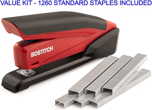 Bostitch Stapler with 1260 Staples - InPower Red Spring Powered Stapler - Built-in Staple Remover - Staple Storage Compartment - One Touch Heavy Duty for Desk by Bostitch Office