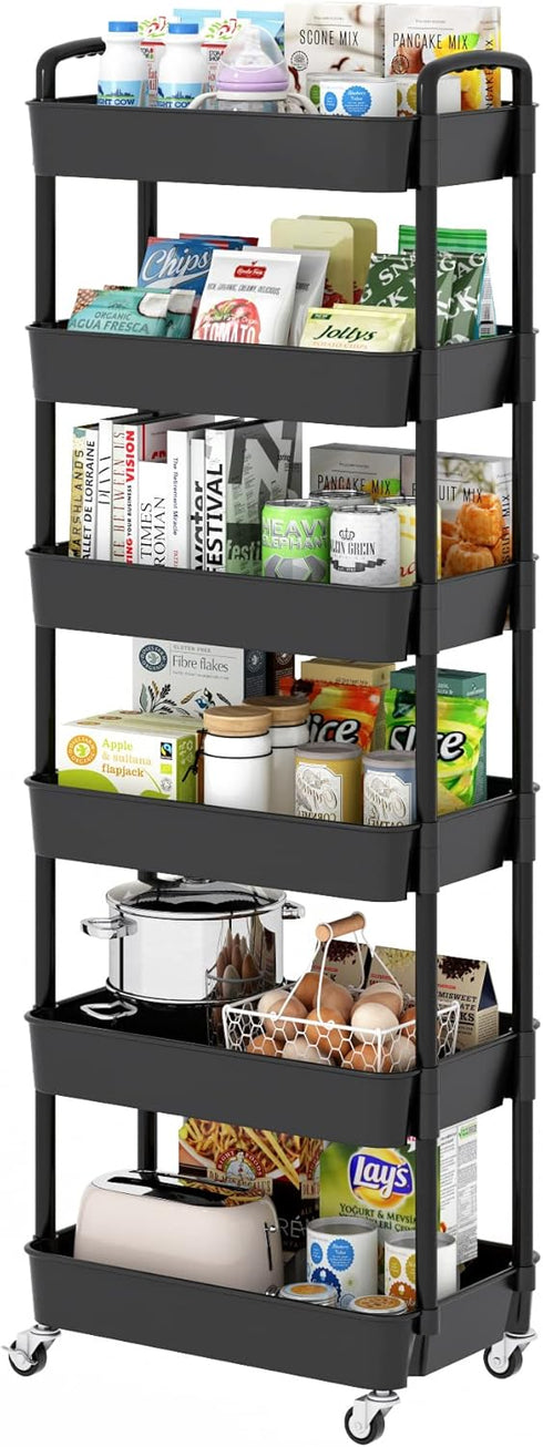 Sywhitta 6-Tier Plastic Rolling Utility Cart with Handle, Multi-Functional Storage Trolley for Office, Living Room,