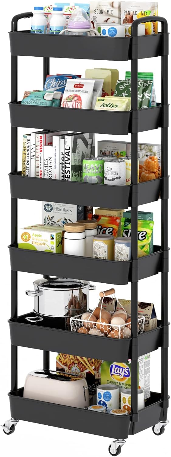 Sywhitta 6-Tier Plastic Rolling Utility Cart with Handle, Multi-Functional Storage Trolley for Office, Living Room,