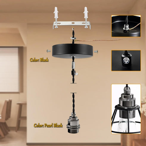 1-Light 4.92ft, E26 E27 Mini Pendant Light Kit, Adjustable Pendant Lights Cord Pearl Black Ceramic Socket Black Ceiling