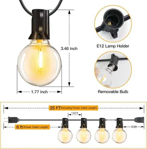 Ollny 25FT Outdoor String Lights - Waterproof Connectable Shatterproof Lights with 13 Edison + 1 Spare LED Bulbs