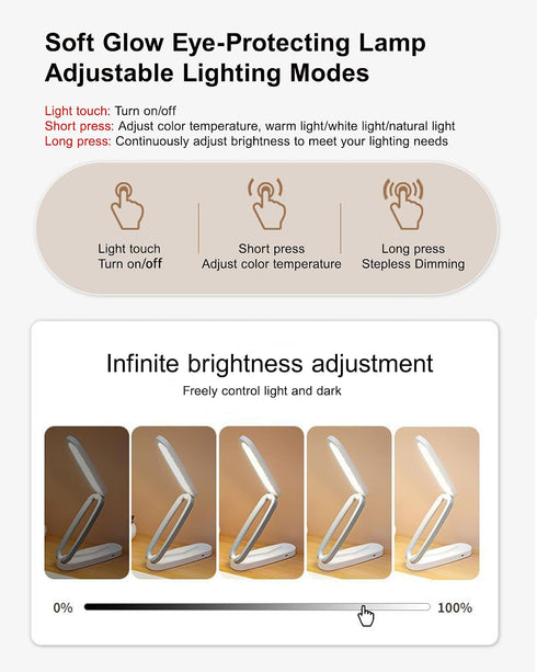 2000mAh 3 180 Foldable Desk Lamp, Rechargeable Portable LED Light with Adjustable Brightness, Rotatable Eye-Caring Mini