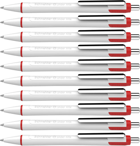 Schneider Slider Xite XB Ballpoint Pen, Refillable, 1.4 mm, White Barrel with Blue Accents, Red Ink, Box of 10