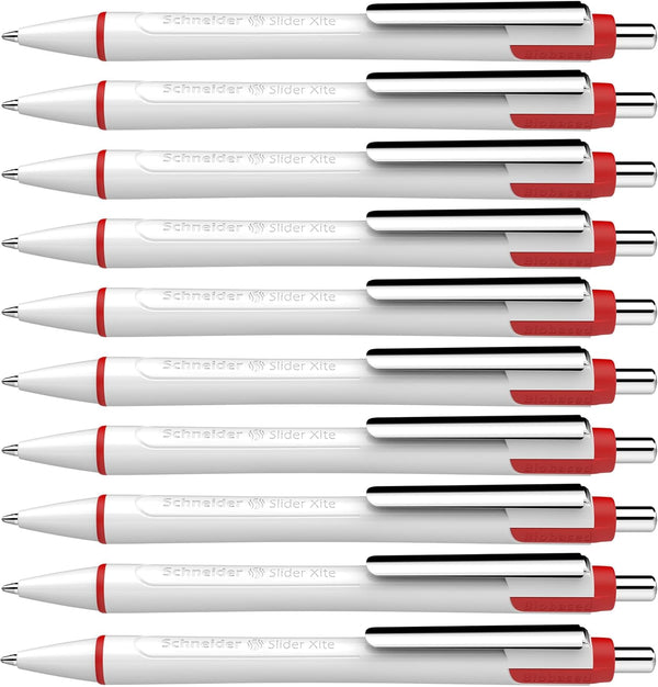 Schneider Slider Xite XB Ballpoint Pen, Refillable, 1.4 mm, White Barrel with Blue Accents, Red Ink, Box of 10