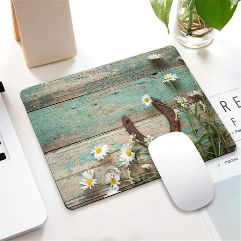TSSOHU Mouse Pad, Teal Rustic Wooden Horseshoe Daisy Mouse Pad, Washable Square Cloth Mousepad for Office Laptop