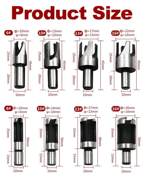 Rocaris 8pcs Wood Plug Cutter Drill Bit Set, Straight and Tapered Cutting Tool, 6mm 10mm 13mm 16mm