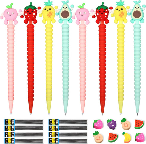 Chinco 24 Pieces Cute Mechanical Pencils with Fruit Erasers, Refills, and Fun Toppers for Girls, Kids, Students (0.5 mm)