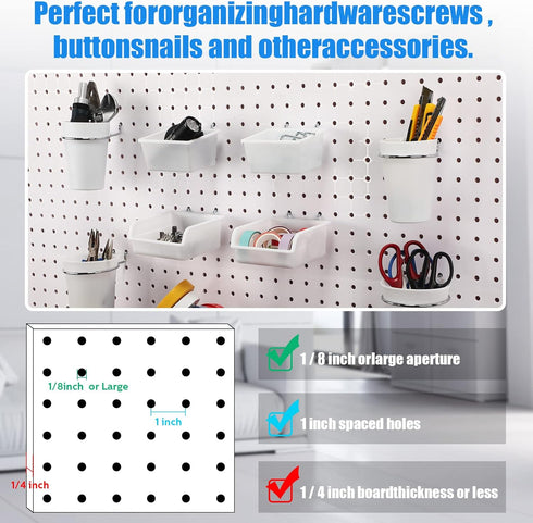 Roowest 60 Pcs Pegboard Cups Set, Wall Organizer with Hooks and Loops for Office Storage, Garage, Craft Workshop, White
