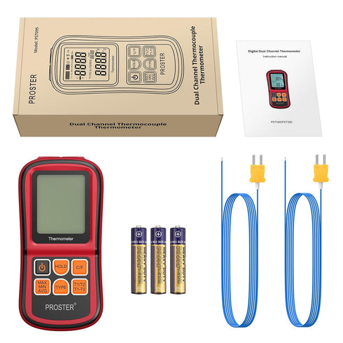 Proster Digital Thermocouple Temperature Thermometer Dual Channel with Two K-Type Probes, Backlight LCD