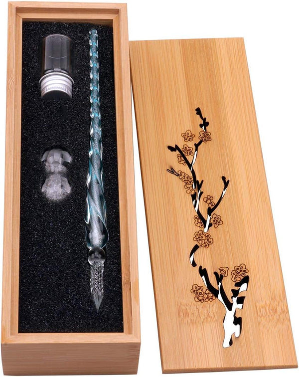 Vintage Handmade Glass Dip Pen Set, Elegant Crystal Signature Pen Gift (Light Blue)
