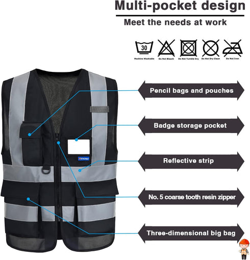 7 Reflective Security Safety Vests Heavy Duty with Pockets and Front Zipper