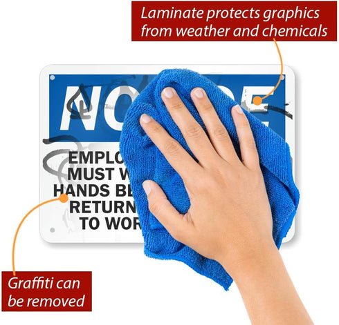 SmartSign Aluminum Sign, "Notice: Employees Wash Hands Before Returning", 7" high x 10" wide, Black/Blue on White