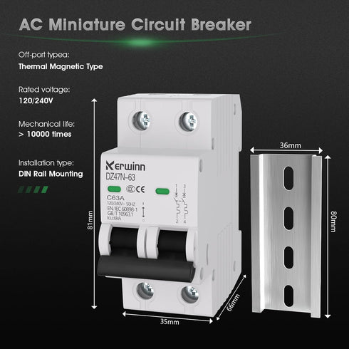 Miniature Circuit Breaker 120V/240V ac circuit breaker 2Pole 32Amp smart circuit breaker DIN Rail Mount for Marine power systems,solar photovoltaic systems(C32A)