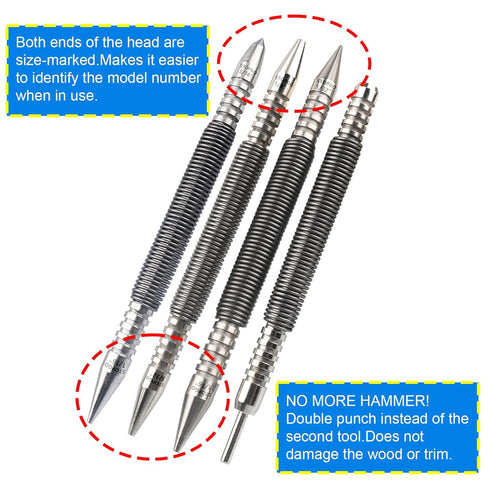 Spring Nail Set, 4pcs Dual Head Nail Setter and Hammerless Door Hinge Pin Removal Tool