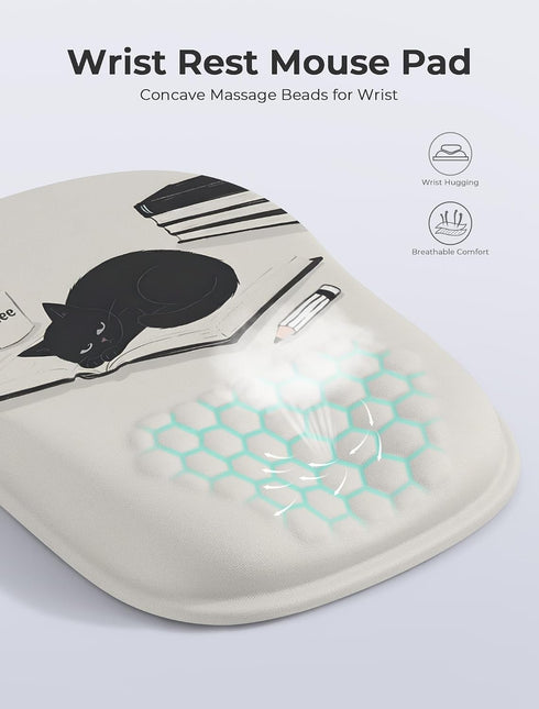 ORIENWEEDA 65% Ergonomic Mouse Pad with Cute Black Cat Design, for Carpal Tunnel Pain Relief, Usable Mouse Area, Memory