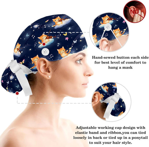 Scrub Caps Women Nursing Hats Lovely Cat with Buttons Ponytail Working Adjustable Pouch Tie Back