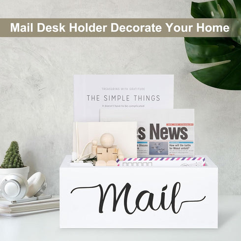 Desk Mail Organizer, Wood Countertop Storage Box with 3 Slots, Envelop Holder for Home Office (White-3 Slot)