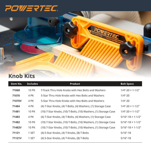 POWERTEC 71121V T Track Knob Kit with Threaded Knobs and 5/16 -18 T Track Bolts, 16 Piece Set for Woodworking Jigs