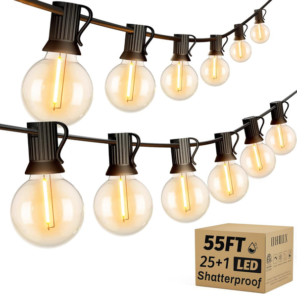 OHLUX Outdoor String Lights, 55FT Shatterproof LED Patio Lights with 26 Dimmable