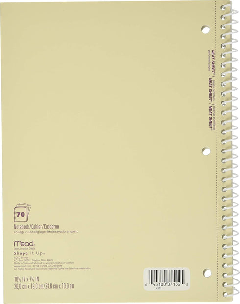 Mead Spiral Notebooks, 1 Subject, College Ruled Paper, 70 Sheets, 10-1/2" x 7-1/2", Shape It Up, Design May Vary, 3 Pack (38191) by Mead