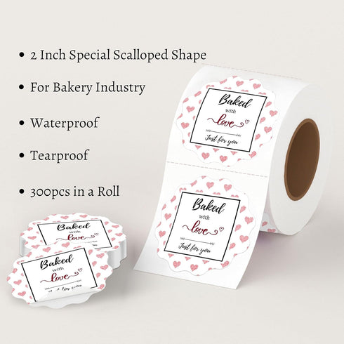 Mobiusea Creation Baked with Love Stickers Roll - Waterproof Scalloped Cut 2 inch Labels for Bakery Packaging