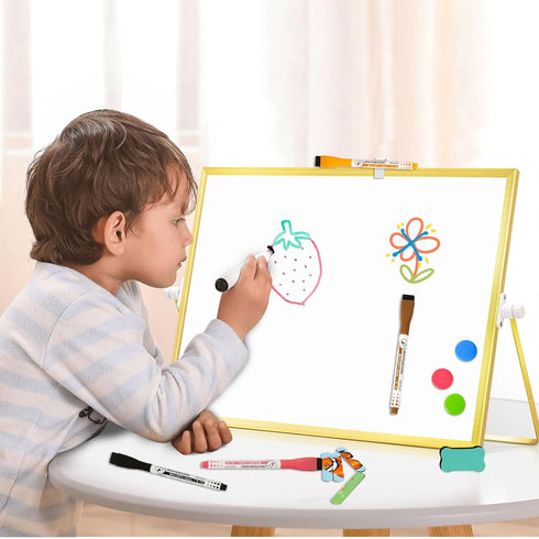 Magnetic Dry Erase White Board, 16" x 12" Double-Sided with Golden Aluminum Frame, Portable Small Set