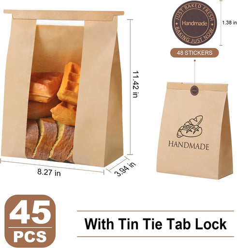 betkou 45 Pack Packaging 48 Paper Bread Bags for Homemade Baking - Tin Tie Tab Lock Sourdough Bag, Large Loaf
