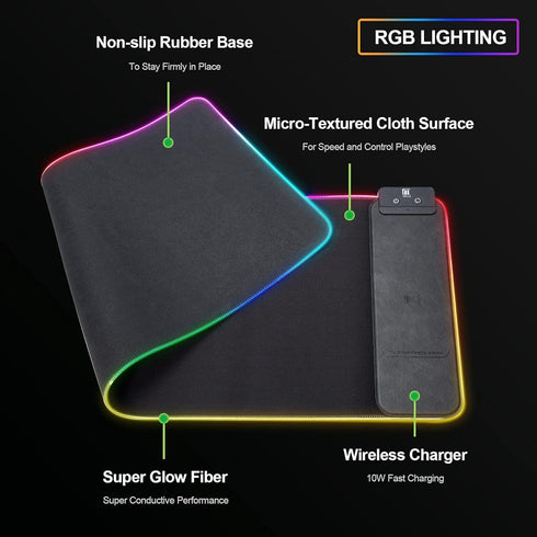 Large RGB Gaming Mouse Pad with Wireless Charging, 10 LED Colors, Ultra-Smooth Surface & Non-Slip Rubber Base,