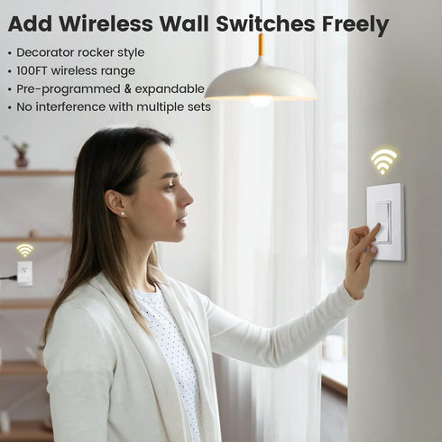 15 100ft SURAIELEC Wireless Light Switch, Remote Control Outlet, Decorator Rocker Wall Switch, AMP, RF Range, No Wiring
