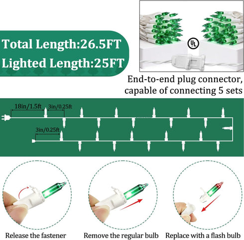 Filltown 25FT 100 Count Green Christmas Lights Outdoor, Incandescent Mini Christmas Lights White Wire, Waterproof Fairy