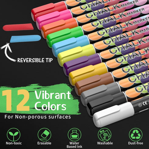 Liquid Erasable Chalk Markers Pens - 12 Colors, Washable & Wet Erase Neon Markers for Blackboard, Glass Window, Kids Art