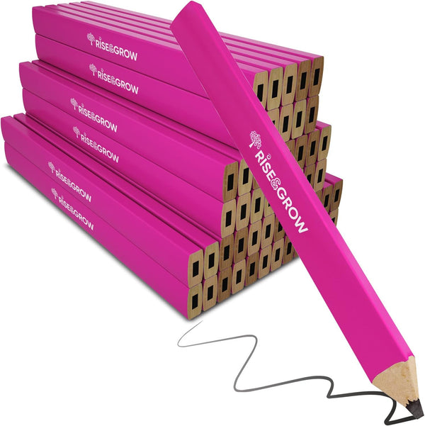 Rise & Grow 50 Set, Neon Pink Carpenters Pencils - 7' HB Lead Flat Construction