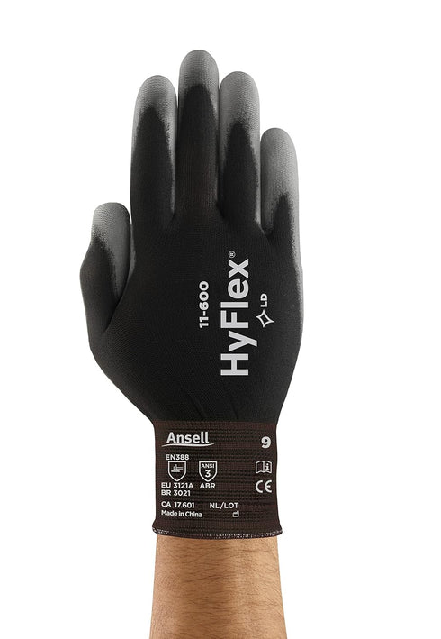 HyFlex 11-600 Multi-Purpose Light Duty Industrial Gloves, Palm Coating for Metal Fabrication, Size 9, Black