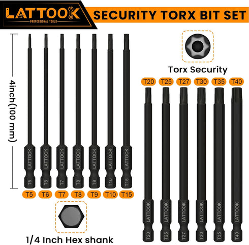 Torx Bit Set, LATTOOK 13-Piece Security Tamper Proof Torx Star Bits Set, Magnetic S2 Steel, 4'' Long, T5 - T40 by LATTOOK