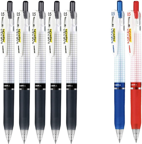 Gel Ink 0.5mm Ballpoint Pens, Ink Color Set (5 Black, 1 Blue, 1 Red), Total 7