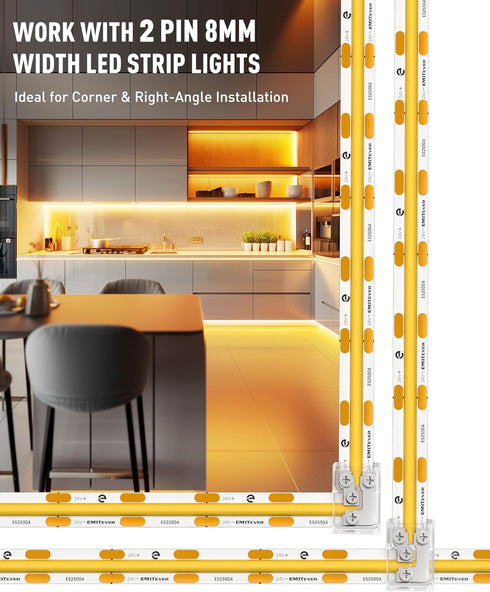 EMITEVER 8mm LED Strip Connectors 12pcs, Led Corner Connector T-Shaped Gapless Connection Solderless Transparent Tape Light Connectors for 2-Pin COB/SMD LED Strip Lights 5V 12V 24V by EMITEVER